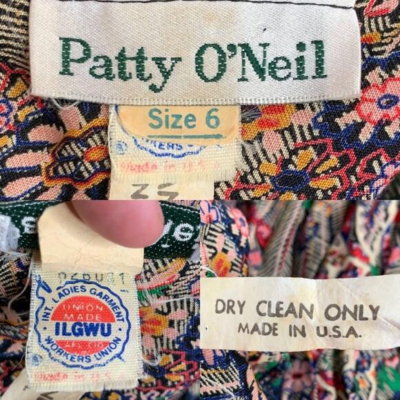 VINTAGE 60s/70s Patty O'Neil Floral Embroidered Long Sleeve Drop Waist Dress S/M - Picture 10 of 11